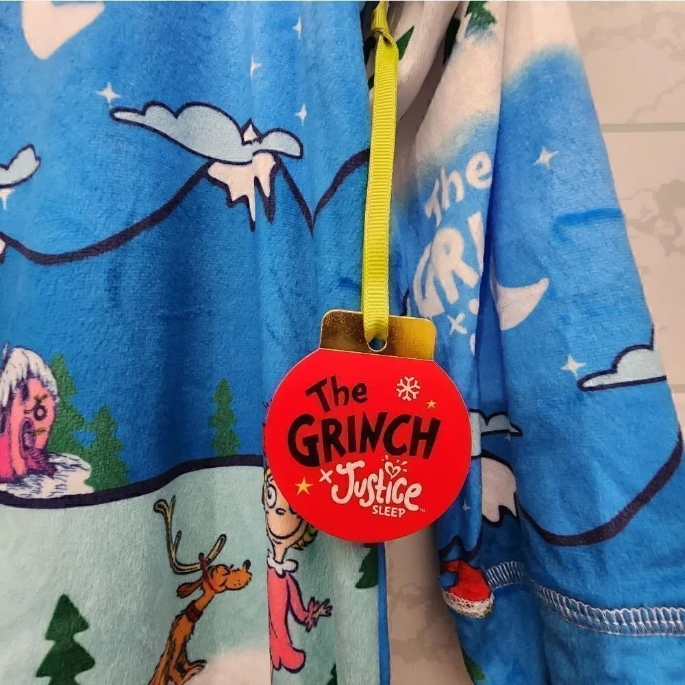 Nwt Justice Christmas Grinch Snow Scene Fairisle Snap Front 1Pc Pajamas, L 12/14
